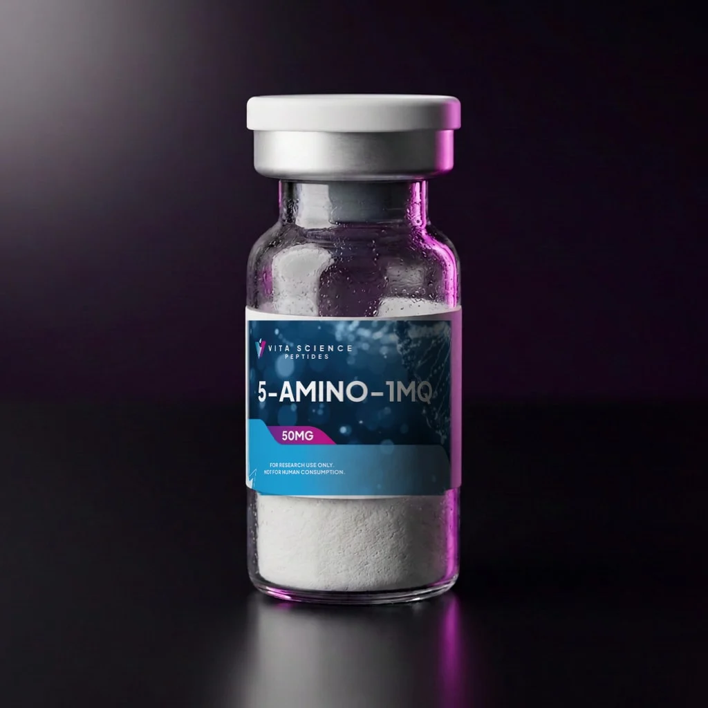 Glass vial, white flip-off cap, 50 mg lyophilized 5-Amino-1MQ quinolinium salt, labelled, dark backdrop