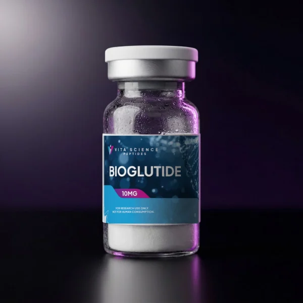 Bioglutide 10 mg lyophilized powder, 99.3% purity, in a sealed 3 mL glass vial with a white flip-off cap on a dark backdrop.
