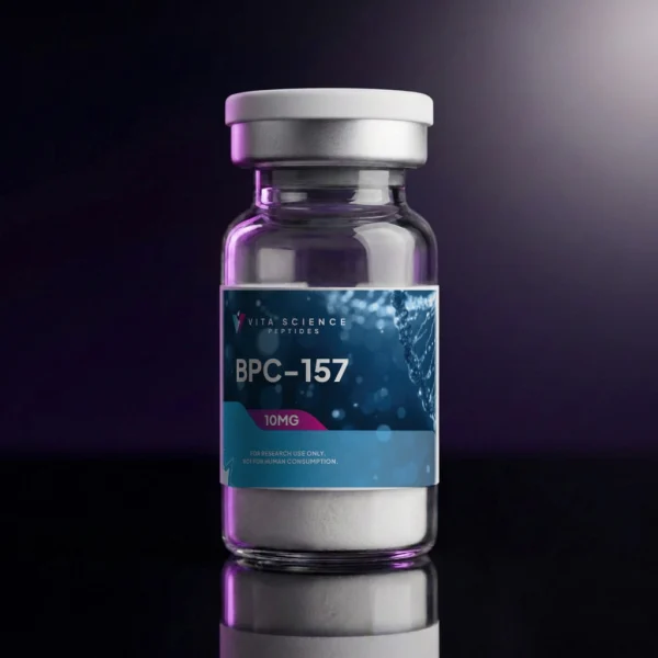 BPC-157 Lyophilized Powder, 10 mg per Vial, 99.7% HPLC purity, in a sealed 3 mL glass vial with a white flip-off cap.