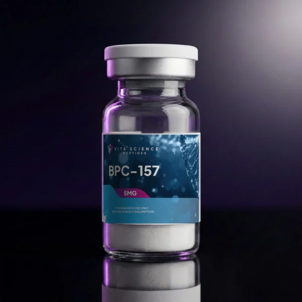 5 mg BPC-157 lyophilized powder of 99.7% HPLC purity in a sealed 3 mL glass vial with a white cap on a dark backdrop.