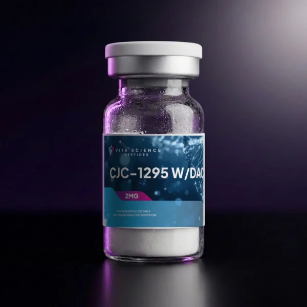 CJC-1295 with DAC, 2 mg lyophilized powder in a 3 mL glass vial with a white cap, 99.3% HPLC purity, on a dark backdrop.