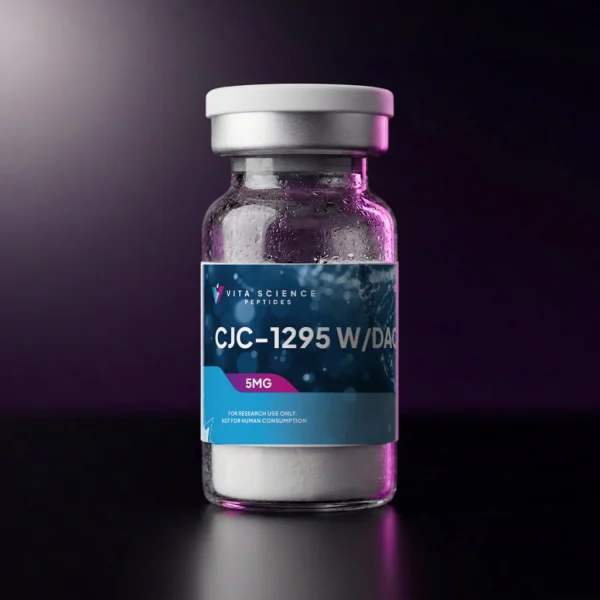 CJC-1295 with DAC 5 mg lyophilized powder in a sealed 3 mL glass vial with a white flip-off cap, 99.3% HPLC purity.