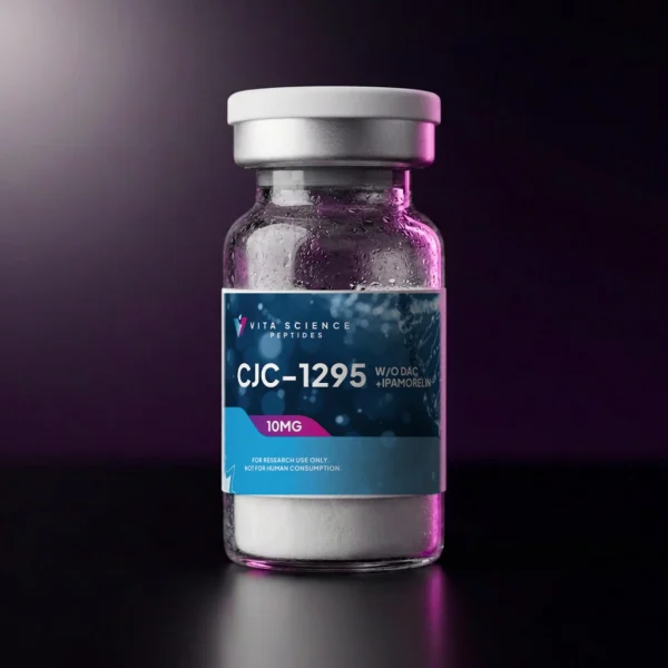 A 10 mg, 99.7% pure CJC-1295 without DAC vial with a white flip-off cap and lyophilized powder on a dark backdrop.