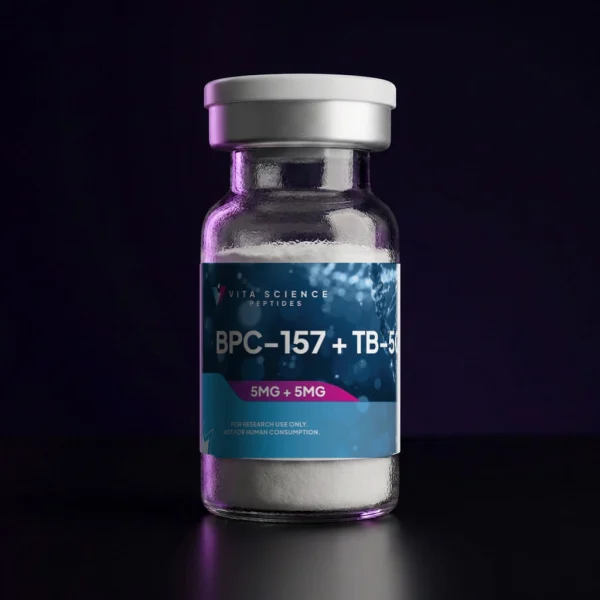5 mg + 5 mg co-lyophilized BPC-157 and TB-500 blend, 99.8% HPLC purity, in a 3 mL glass vial with a white flip-off cap.