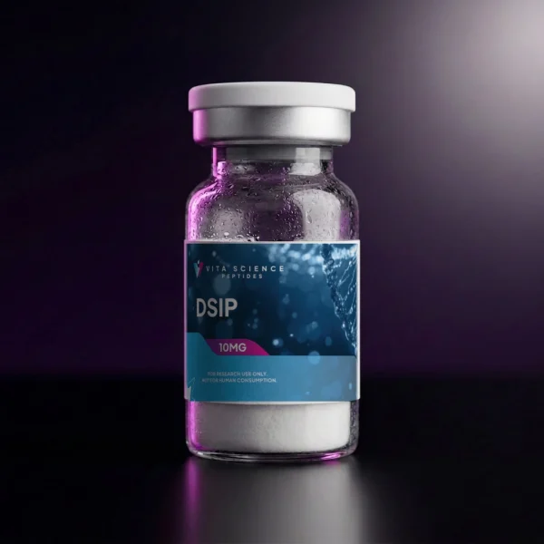 10 mg DSIP synthetic nonapeptide lyophilized powder in a sealed 3 mL glass vial with a white flip-off cap, 99.7% HPLC purity.