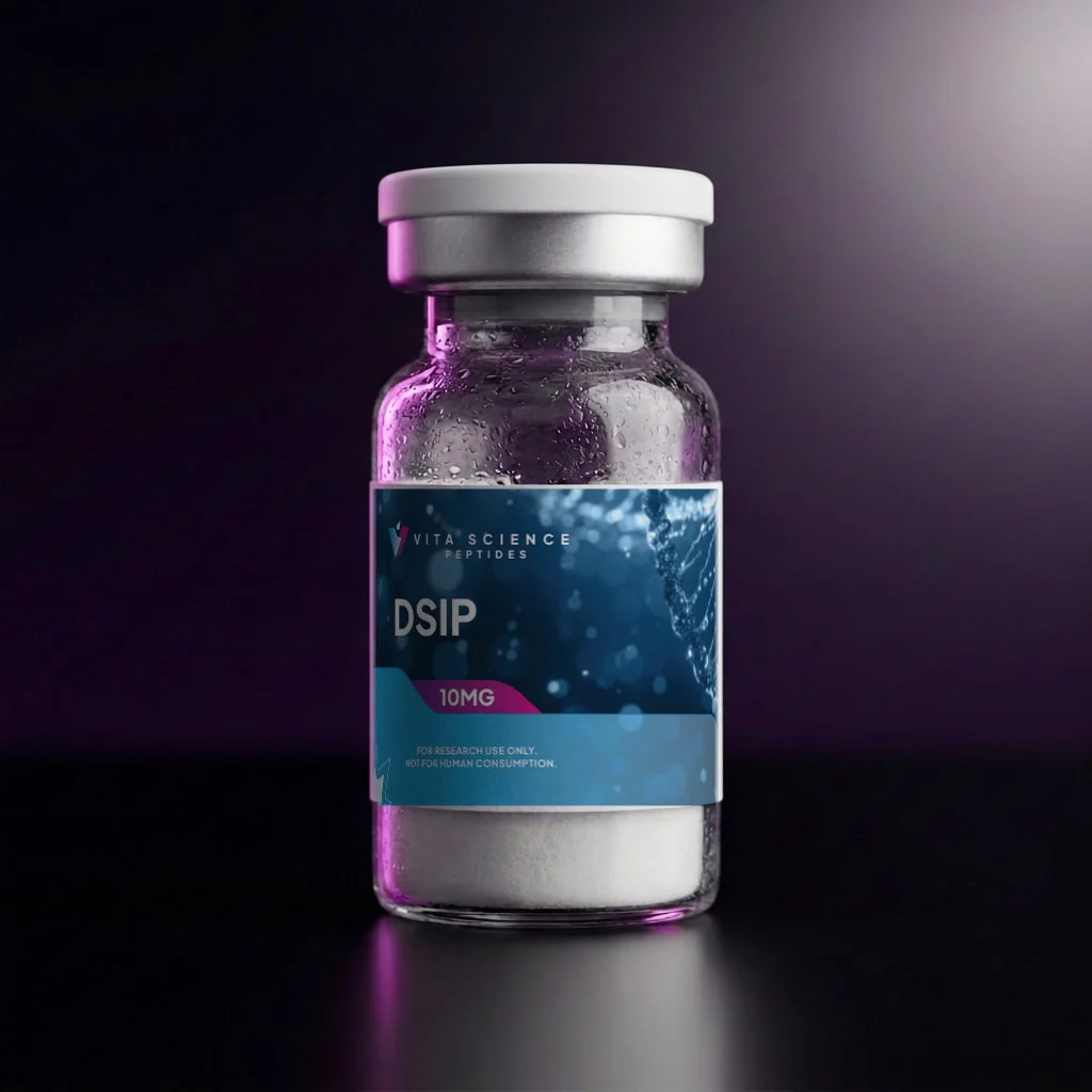 10 mg DSIP synthetic nonapeptide lyophilized powder in a sealed 3 mL glass vial with a white flip-off cap, 99.7% HPLC purity.