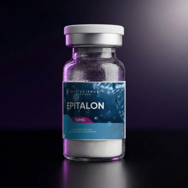 Sealed glass vial, 10 mg lyophilized Epitalon powder, white cap, dark backdrop, 99.7% HPLC purity label.