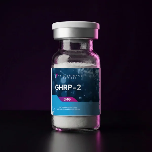 GHRP-2 5 mg lyophilized powder in a sealed 3 mL glass vial with a white flip-off cap, 99.7% HPLC purity on a dark backdrop.