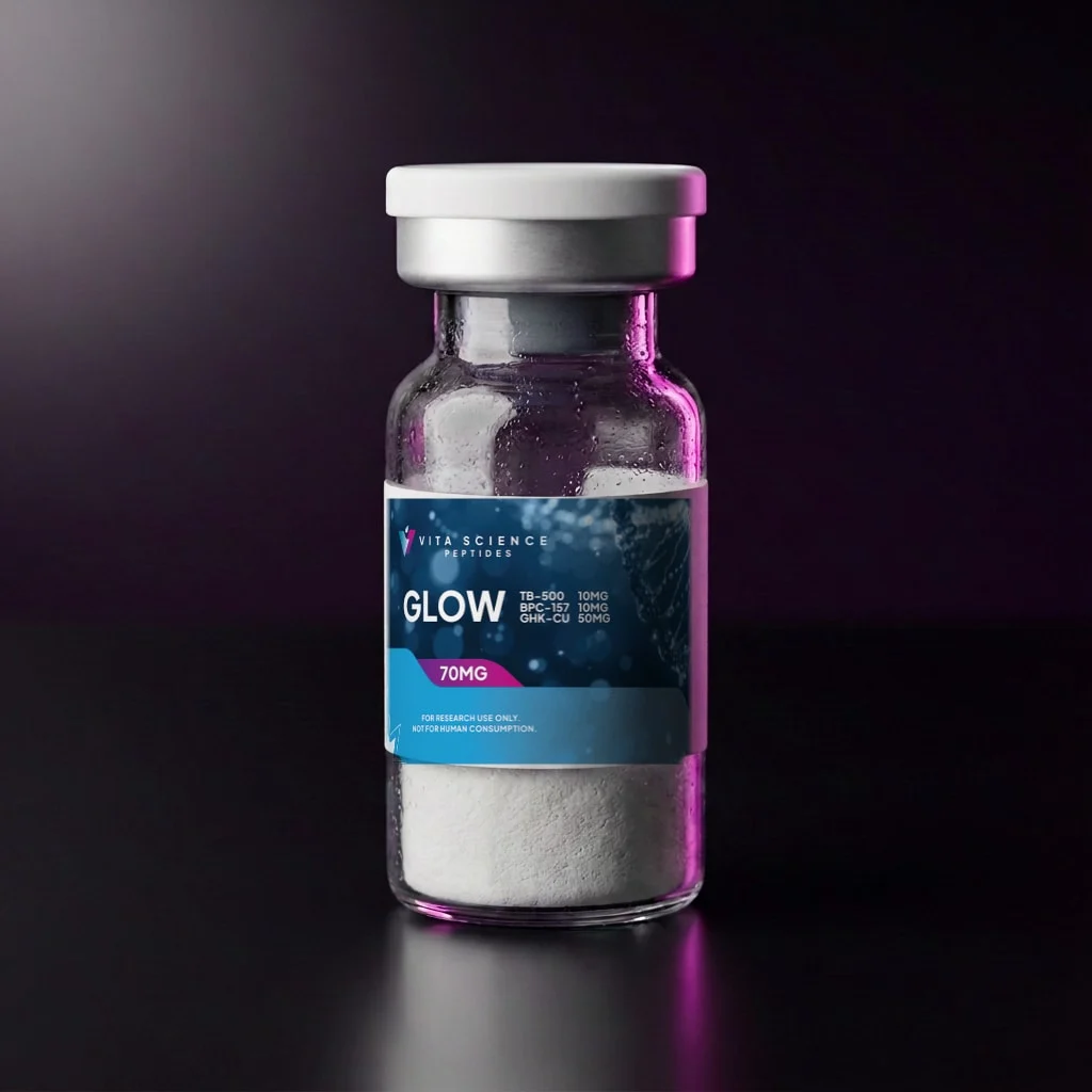 A 3 mL glass vial of GLOW Co-Lyophilized Blend, 70 mg, with a white flip-off cap and label on a dark backdrop.