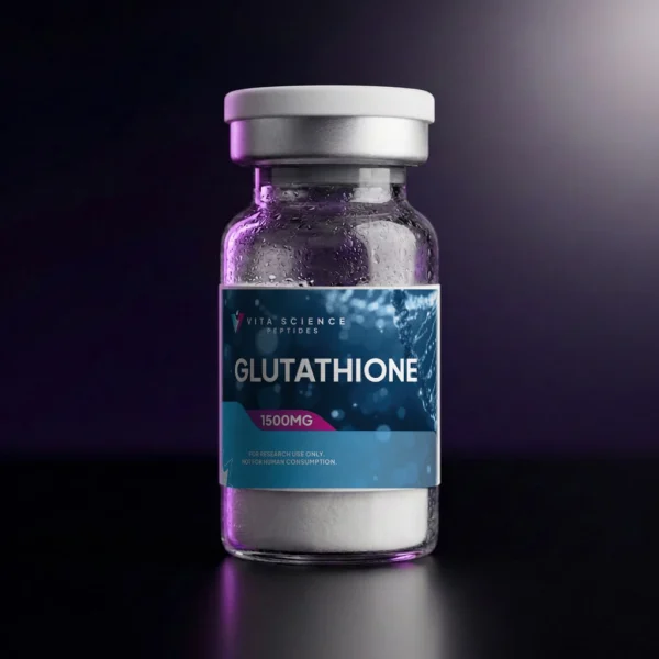 Glutathione 1500 mg lyophilized powder in a 3 mL glass vial with a white cap, 99.3% HPLC purity, on a dark backdrop.