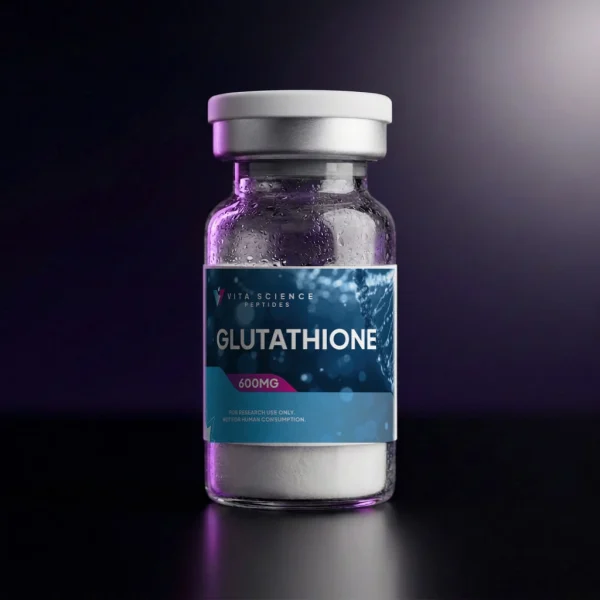 Glutathione 600 mg lyophilized powder, 99.7% HPLC purity, in a 3 mL glass vial with a white cap on a dark backdrop.