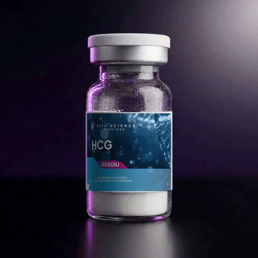 HCG Glycoprotein 5000 IU lyophilized protein in a sealed glass vial with 99.7% SDS-PAGE purity, on a dark backdrop.
