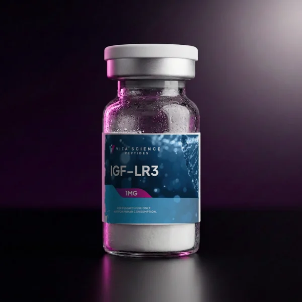 Sealed glass vial, 1 mg lyophilized IGF-1 LR3, white flip-off cap, printed label, dark backdrop