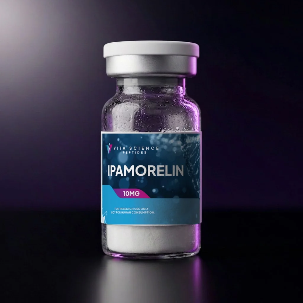 Sealed glass vial, 10 mg lyophilized Ipamorelin, white flip-off cap, dark backdrop