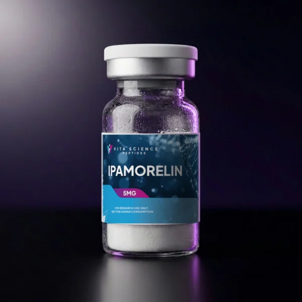 5 mg Ipamorelin lyophilized powder in a sealed 3 mL glass vial with white cap and label, 99.7% HPLC purity.