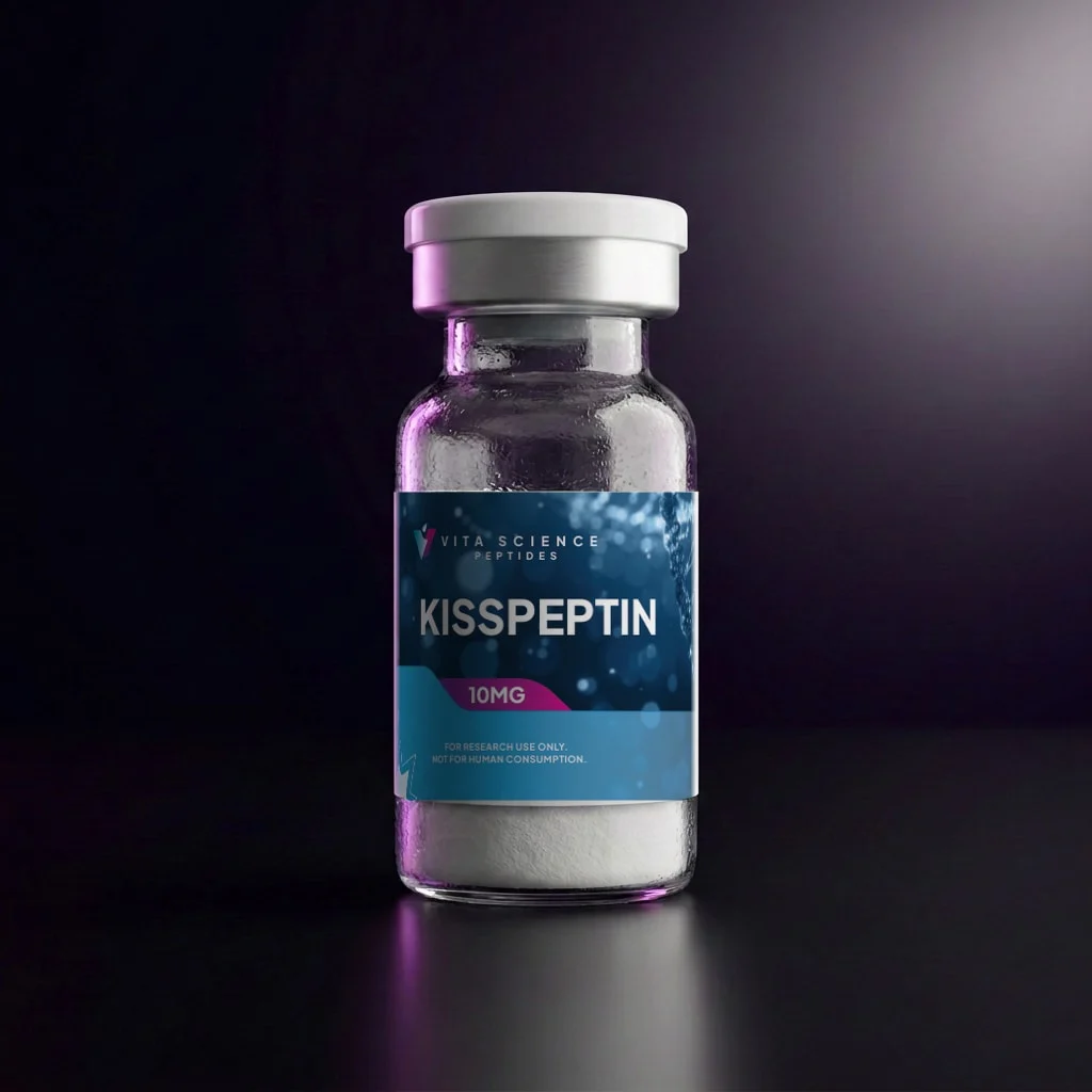 Glass vial, white flip-off cap, 10 mg lyophilized Kisspeptin-10 powder, printed label, dark backdrop