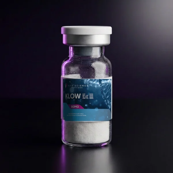 KLOW Co-Lyophilized Blend 80 mg vial with white powder, white flip-off cap, and printed label on a dark backdrop.