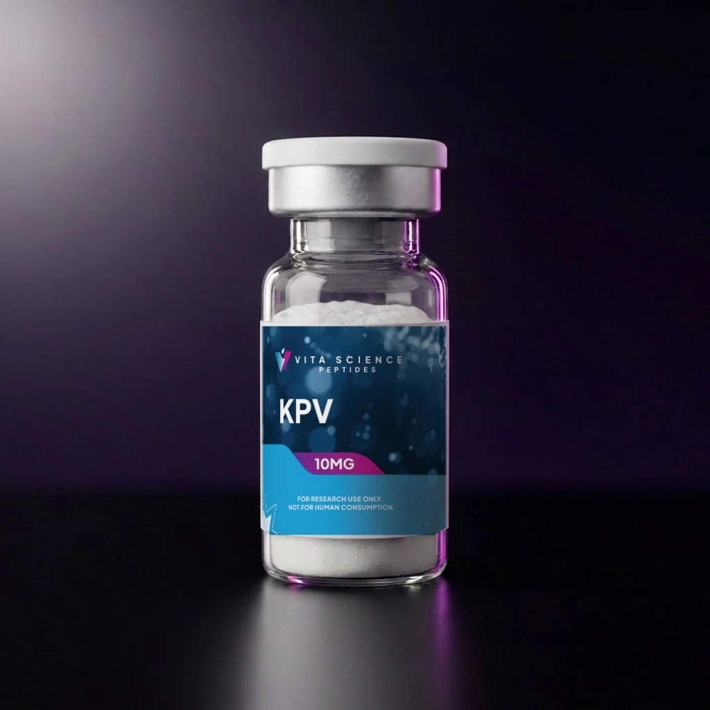 KPV Tripeptide 10 mg lyophilized powder in a 3 mL glass vial with a white flip-off cap on a dark backdrop.