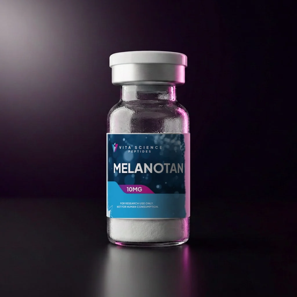 Sealed glass vial, 10 mg lyophilized Melanotan II, white flip-off cap, dark backdrop, 99.3% HPLC label