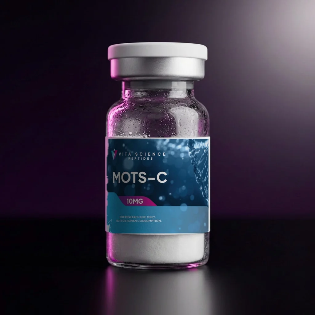 MOTS-c 10 mg lyophilized powder vial with 99.7% HPLC purity, white cap, on a dark studio backdrop.