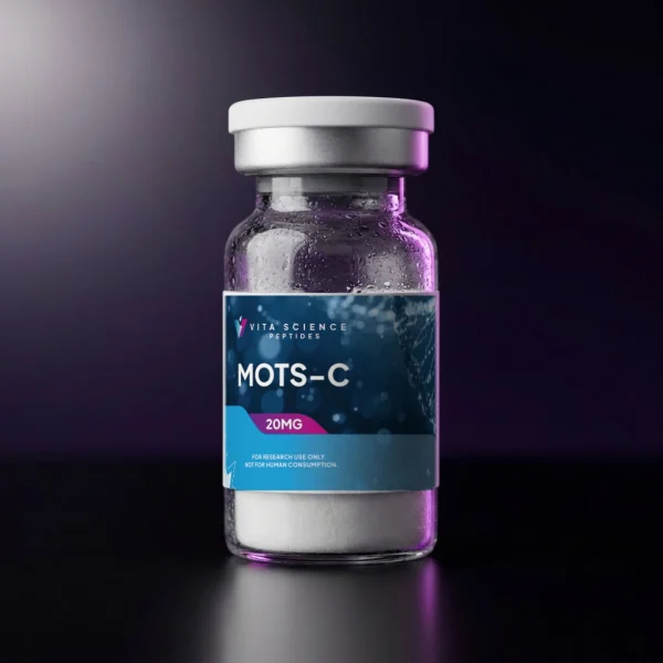 20 mg MOTS-c lyophilized powder in a 3 mL glass vial with a white flip-off cap and label, on a dark backdrop.