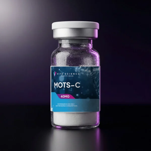 A 3 mL glass vial of MOTS-c 40 mg lyophilized powder with a white flip-off cap, 99.7% HPLC purity, on a dark backdrop.