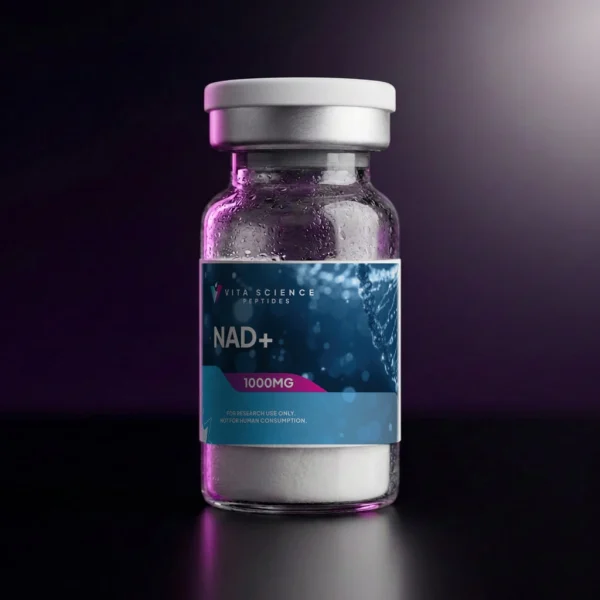 Sealed 3 mL glass vial of NAD+ lyophilized powder, 1000 mg, with a white flip-off cap on a dark studio backdrop.