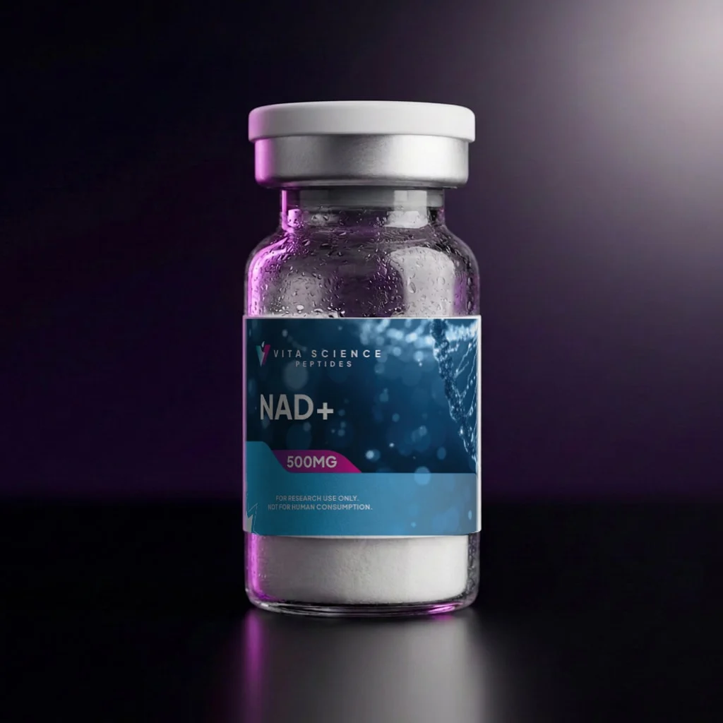 500 mg of lyophilized NAD+ powder in a 3 mL clear glass vial with a white flip-off cap, on a dark studio backdrop.