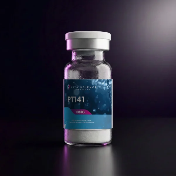PT-141 10 mg lyophilized powder in a 3 mL glass vial with a white flip-off cap, 99.3% HPLC purity on a dark backdrop.