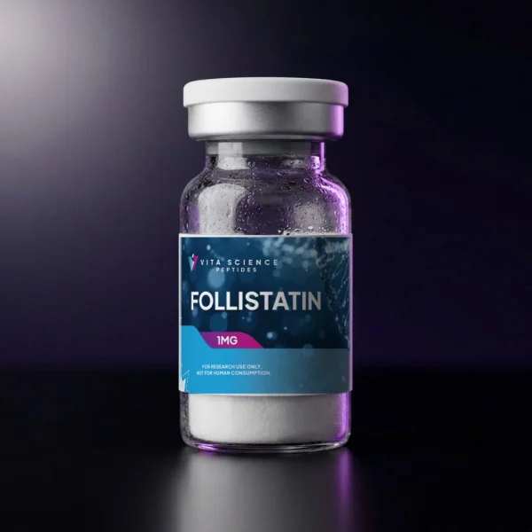 1 mg lyophilized Recombinant Follistatin Protein in a sealed glass vial with 99.7% SDS-PAGE purity on a dark backdrop.