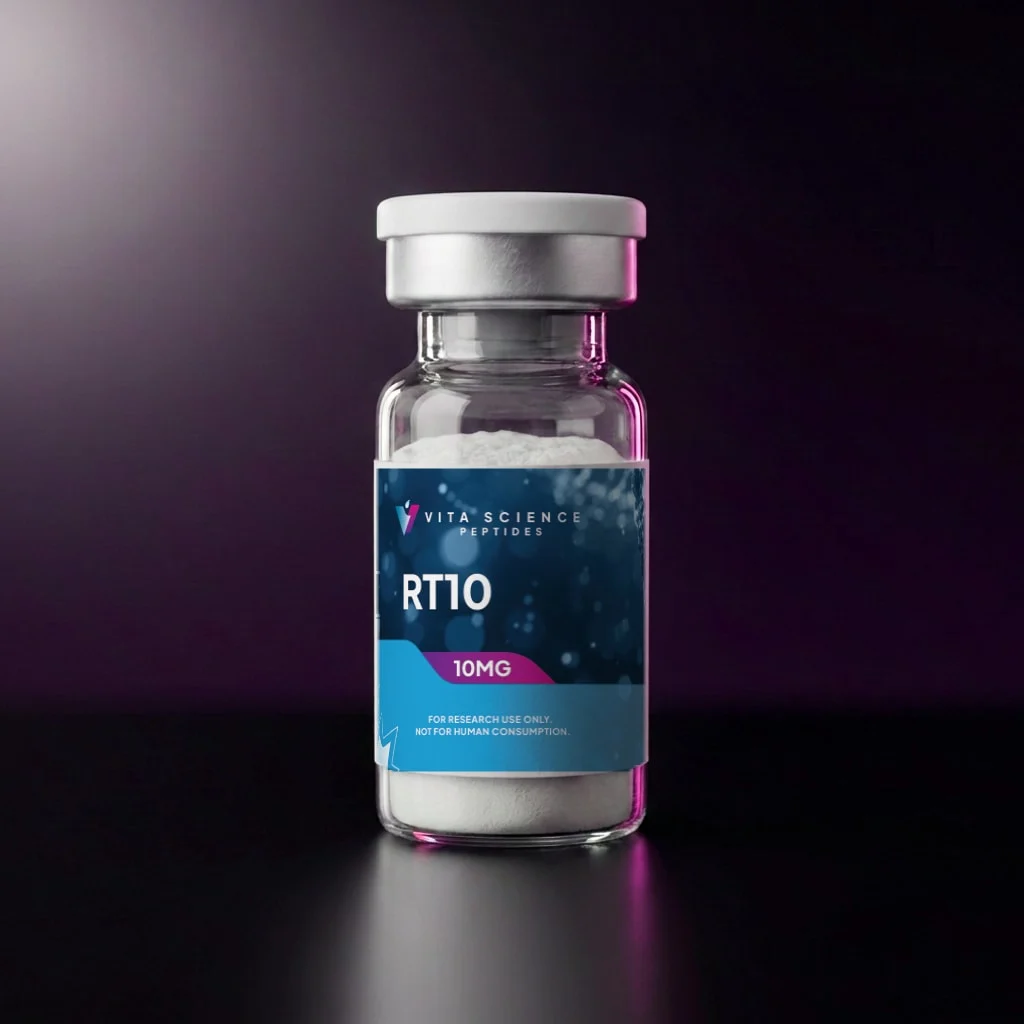 RT10 peptide, 10 mg lyophilized powder, 99.7% HPLC purity, in a sealed 3 mL glass vial with a white cap on a dark backdrop.