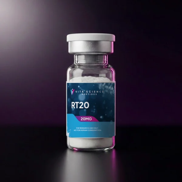 Sealed 3 mL glass vial, white flip-off cap, 20 mg lyophilized RT20 powder, dark backdrop