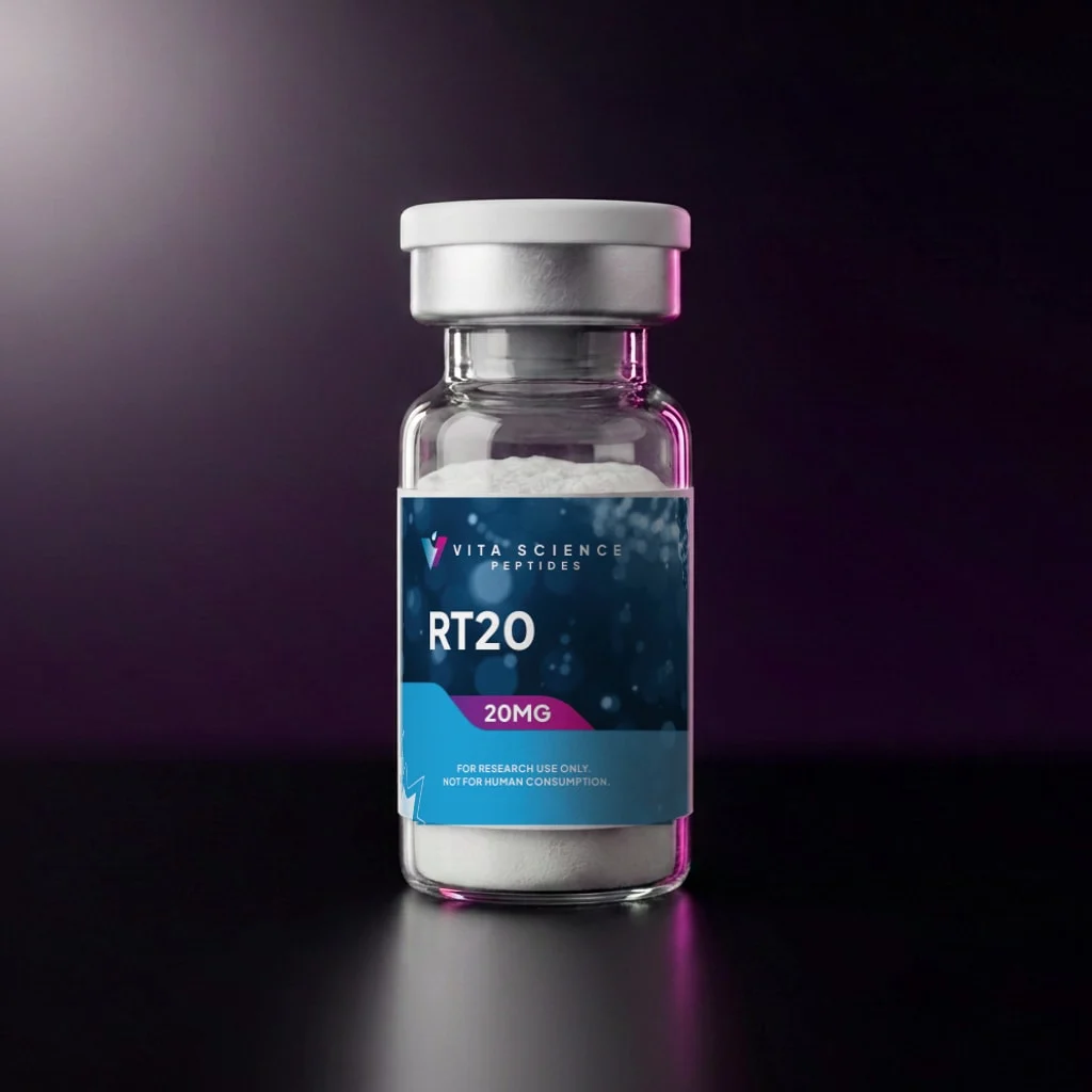 Sealed 3 mL glass vial, white flip-off cap, 20 mg lyophilized RT20 powder, dark backdrop