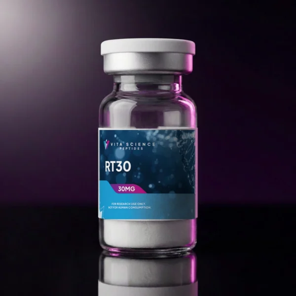 RT30 peptide 30 mg lyophilized powder, 99.8% HPLC purity, in a 3 mL glass vial with a white flip-off cap.