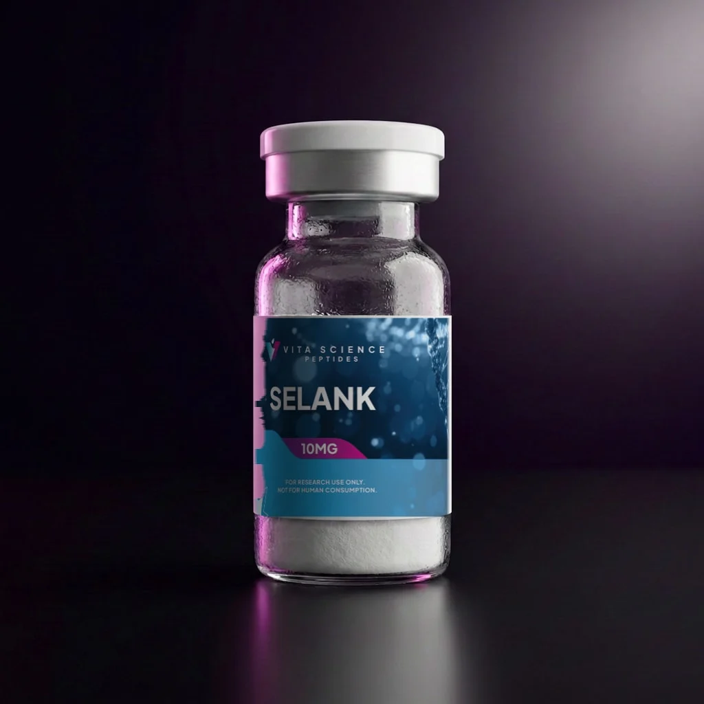 Sealed 3 mL glass vial with white flip-off cap, 10 mg lyophilized Selank powder, dark backdrop