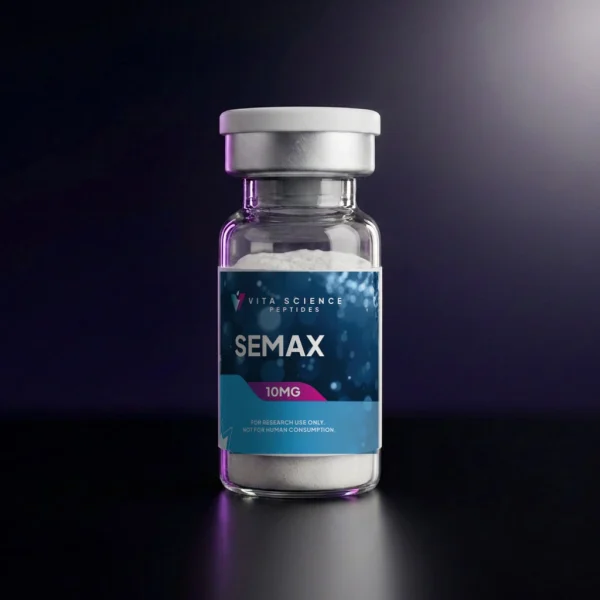 Semax 10 mg lyophilized vial, white flip-off cap, 99.3% HPLC purity, dark backdrop