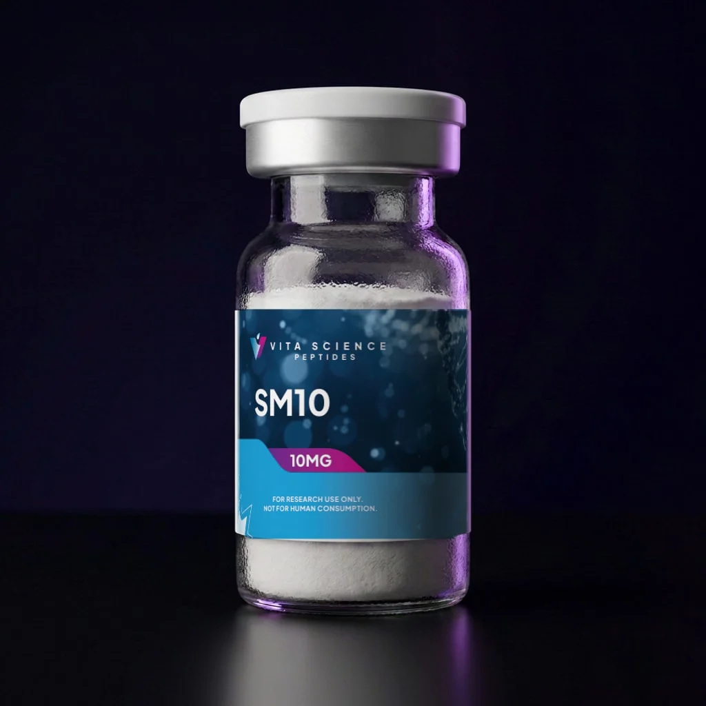 SM10 Acylated Peptide Analogue, 10 mg lyophilized powder in a 3 mL glass vial with a white cap, 99.3% purity by HPLC.