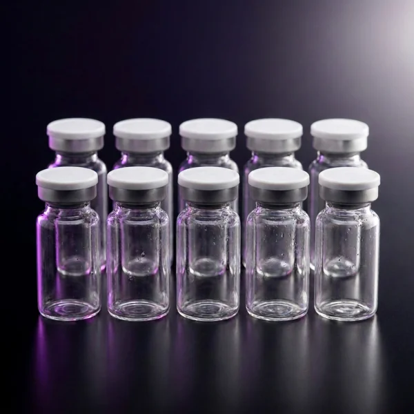Ten 10 mL empty sterile borosilicate vials with butyl stoppers and crimp seals on a dark studio backdrop.
