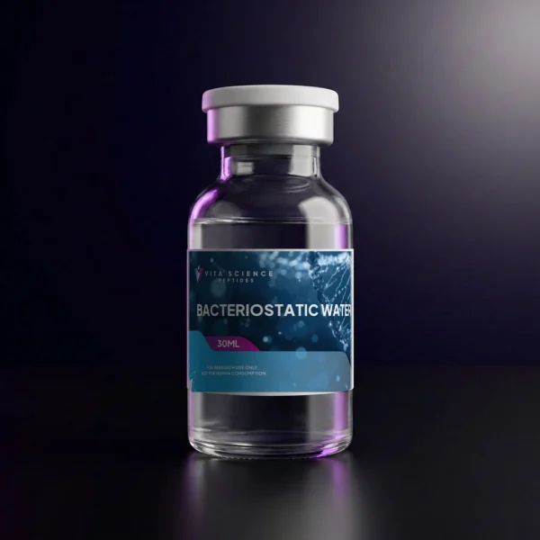 Sterile bacteriostatic water in a 30 mL glass vial with a white flip-off cap, on a dark studio backdrop.