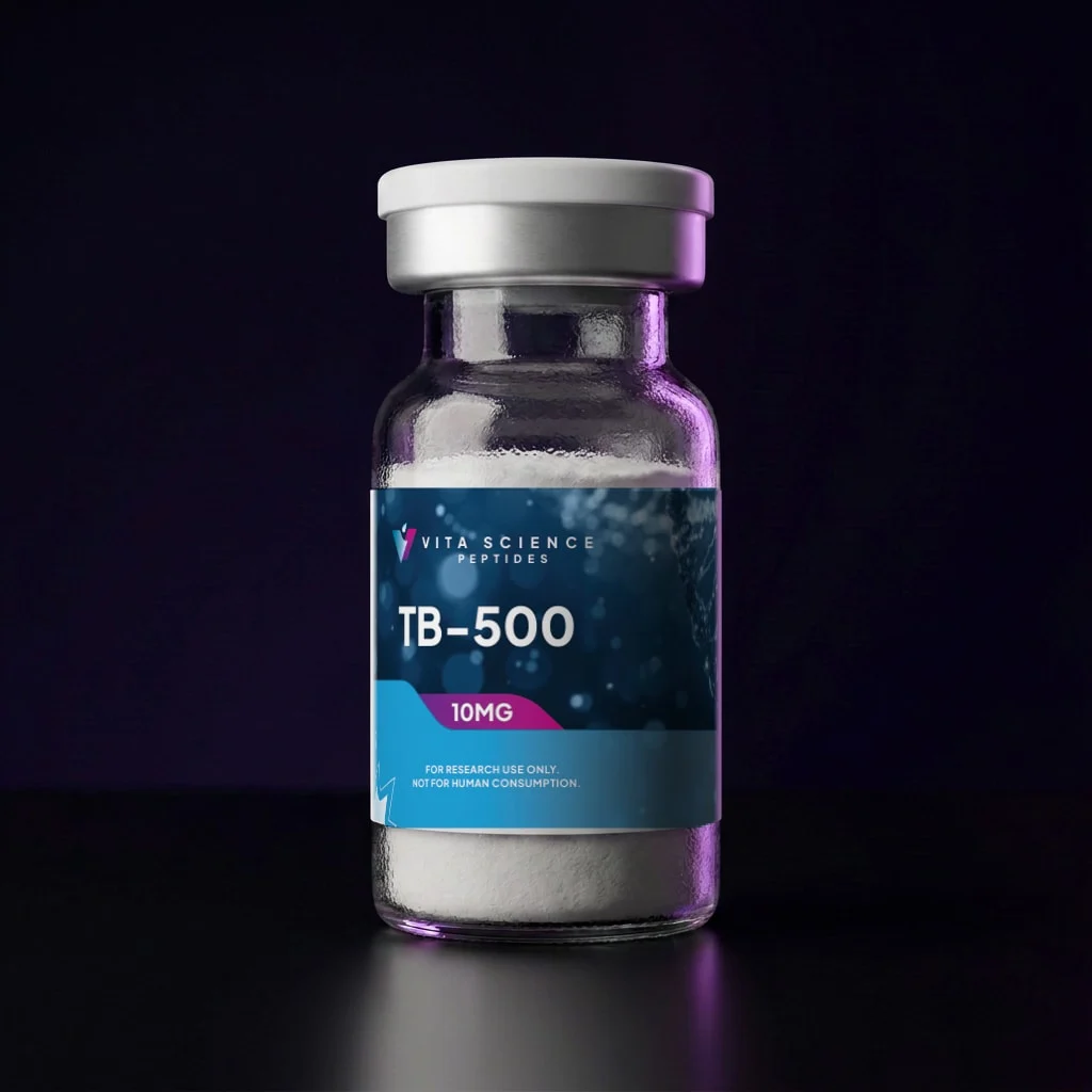 Sealed 3 mL glass vial, TB-500 lyophilized powder, 10 mg, white cap, dark backdrop