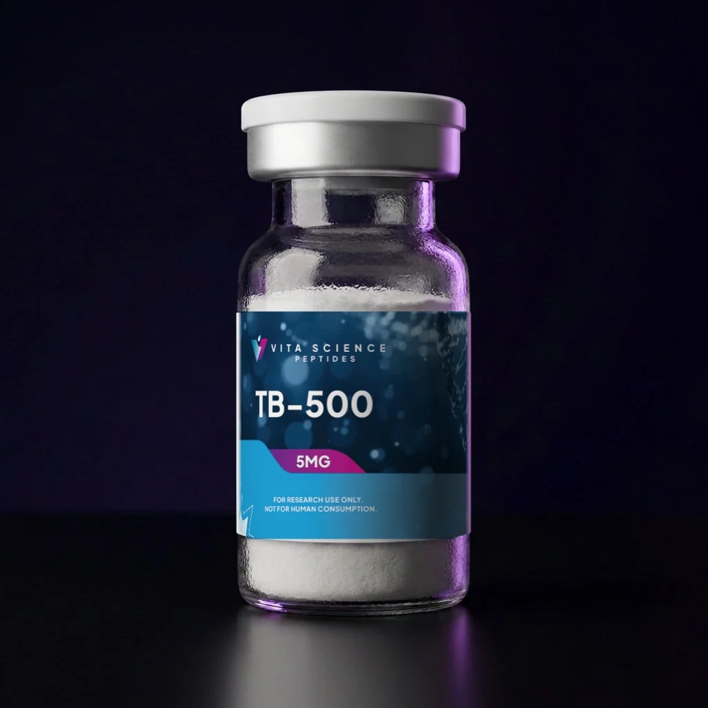 5 mg TB-500 vial, lyophilized powder, white flip-off cap, dark backdrop, 99.3% HPLC label