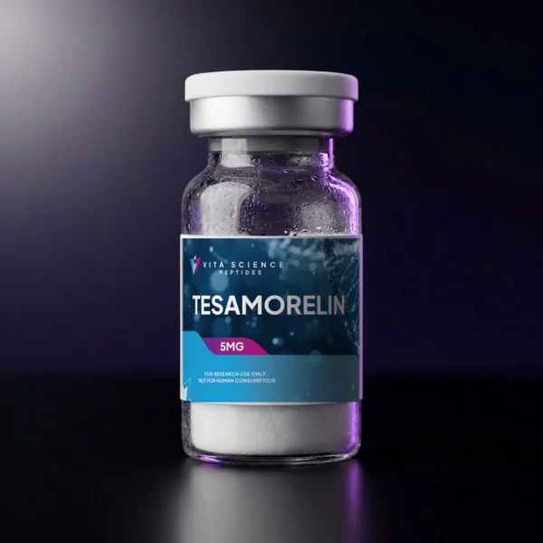 Tesamorelin 5 mg lyophilized powder in a 3 mL glass vial with a white flip-off cap, 99.8% purity by HPLC.