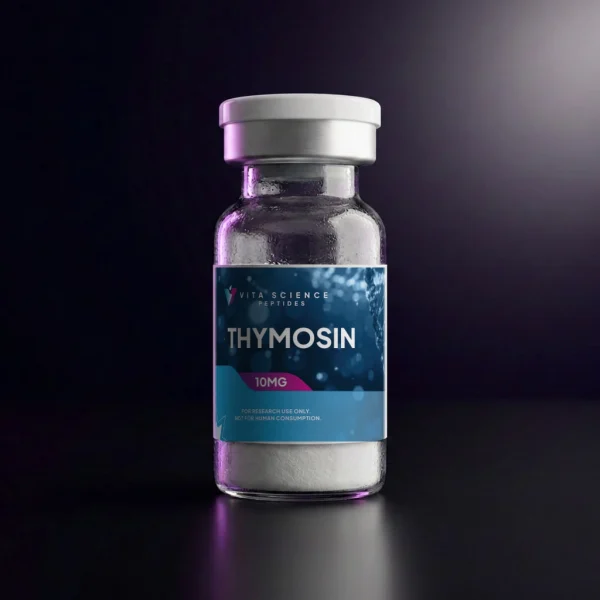 Thymosin Peptide 10 mg lyophilized powder in a 3 mL glass vial with a white flip-off cap, on a dark studio backdrop.