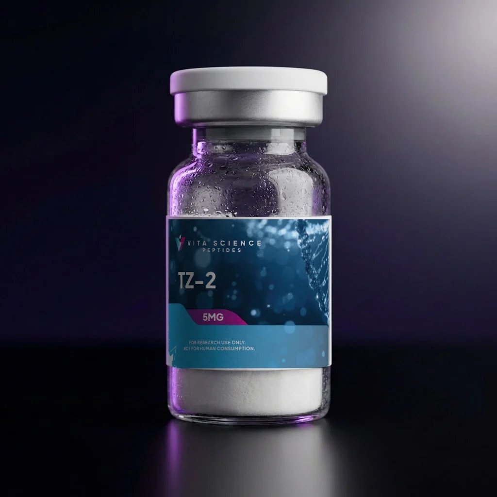Sealed 3 mL glass vial of TZ-2 Acylated Peptide with 5 mg of lyophilized powder, white flip-off cap, dark backdrop.