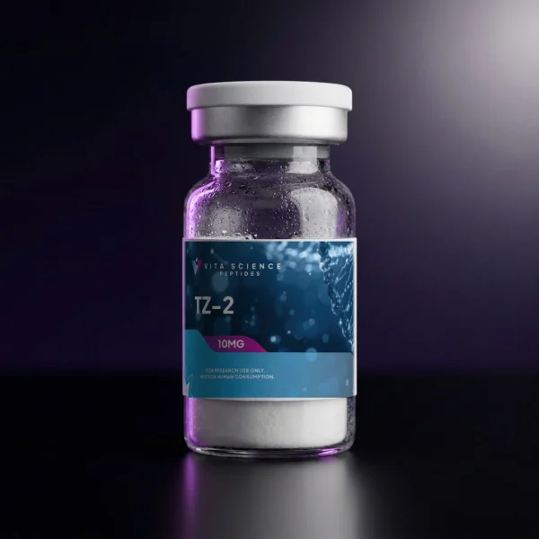 TZ-2 Acylated Peptide Analogue, 10 mg lyophilized powder in a 3 mL glass vial with a white flip-off cap on a dark backdrop.