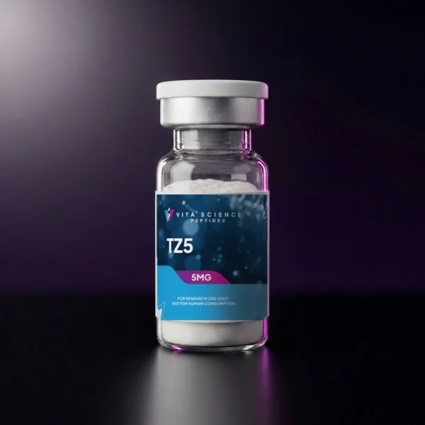 Sealed 3 mL glass vial of 5 mg TZ5 Acylated Peptide Analogue, 99.8% HPLC purity, on a dark backdrop.